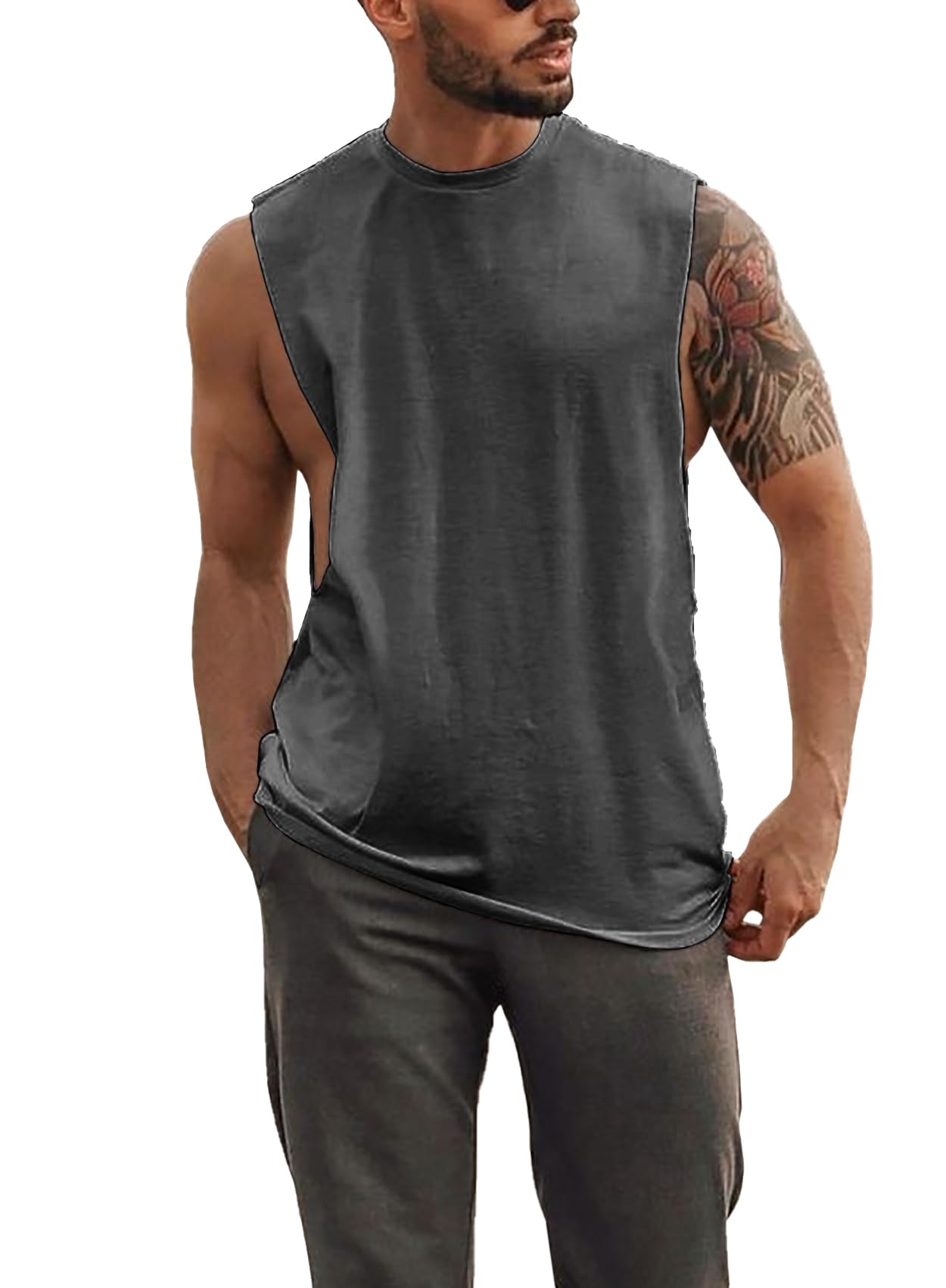 Mens Workout Cut Off Shirts Perfect Muscle Shirt Bodybuilding Tak Tops Sleeveless Gym T Shirts (US, Alpha, Large, Regular, Regular, Dark Grey)