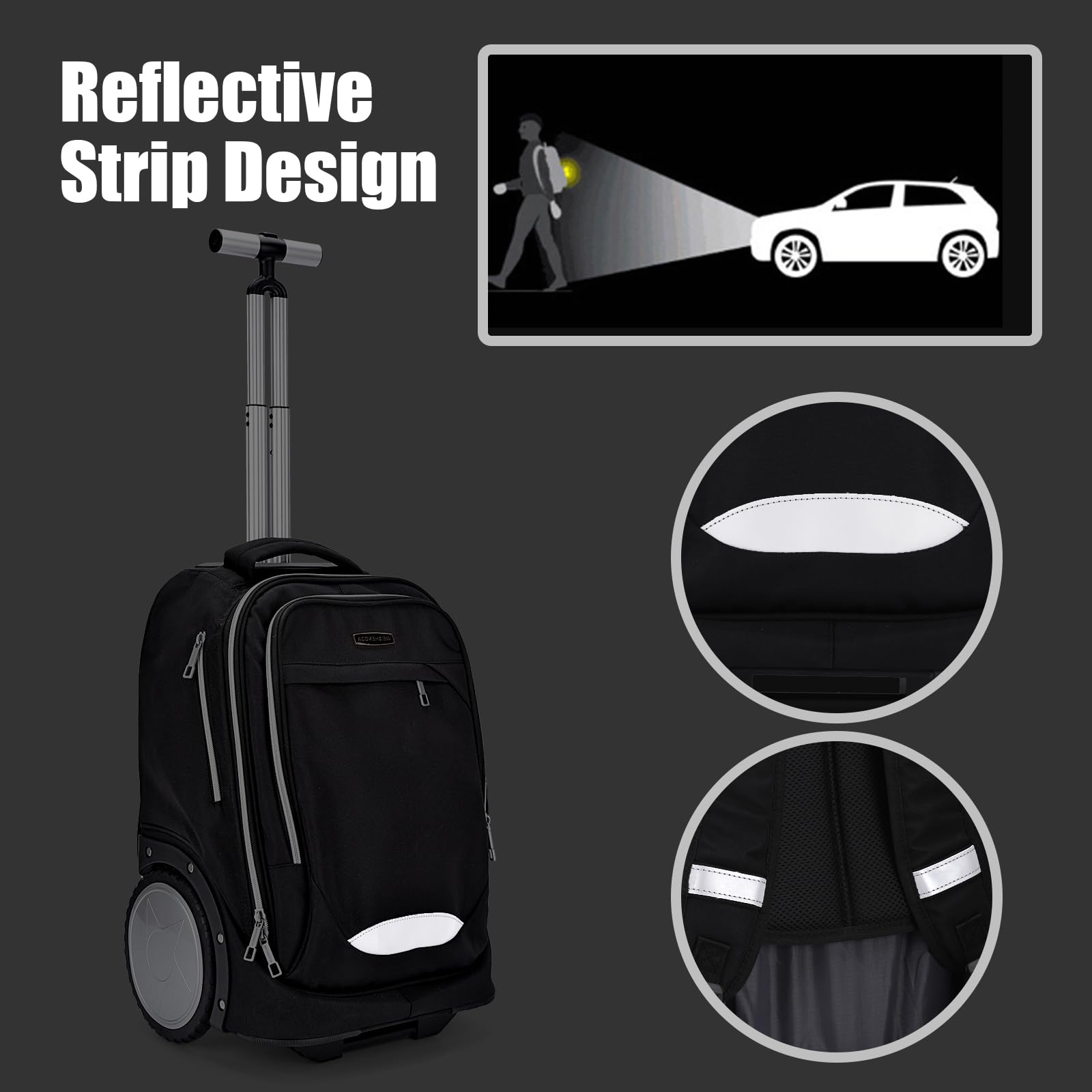 Rucksack mit Rollen, Rucksack trolley doppelt verstärktem Teleskopgriff, leichtes Hinauf- und Hinuntergehen von Treppen, Handgepäck-Rucksack mit Laptopfach für Geschäftsreisende und Pendler, Schwarz