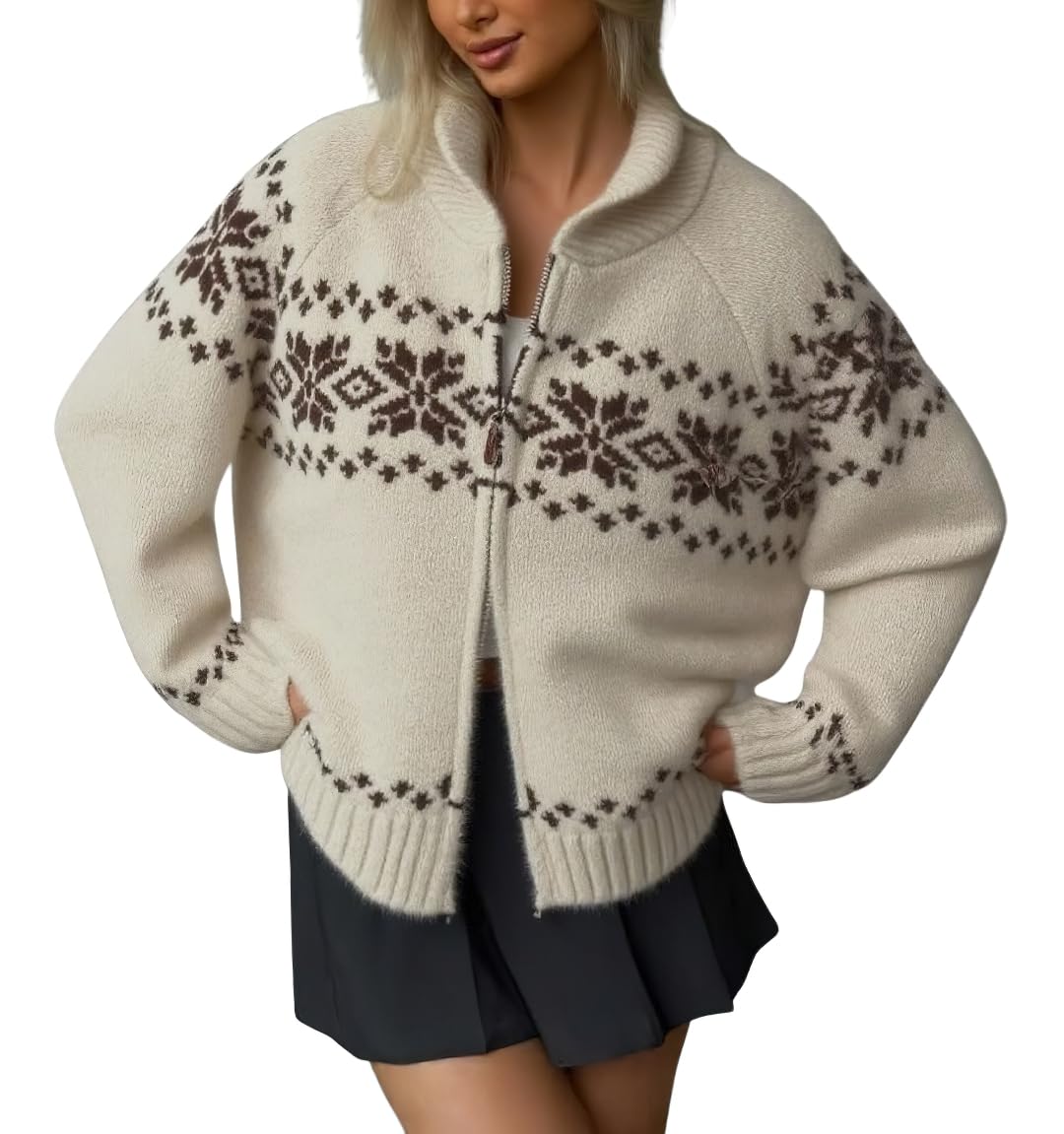 chouyatou Womens Fair Isle Sweater Coat Tribal Aztec Floral Zip Up Vintage Shawl Collar Knit Cardigan