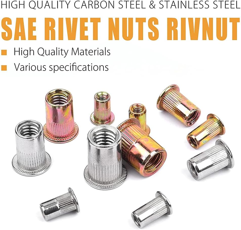 150/300pcs UNC Rivet Nuts Rivnut Assortment Kit,Flat Head Threaded Insert Nutserts Assort,Carbon and Stainless Steel material - (Color: 150pcs)