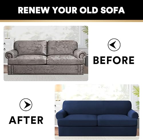 Miniatura 8 de Paquete de fundas de sofá con cojín en forma de T de 3/4 piezas, protector de muebles, patrón a cuadros, extraíbles y lavables, color azul marino