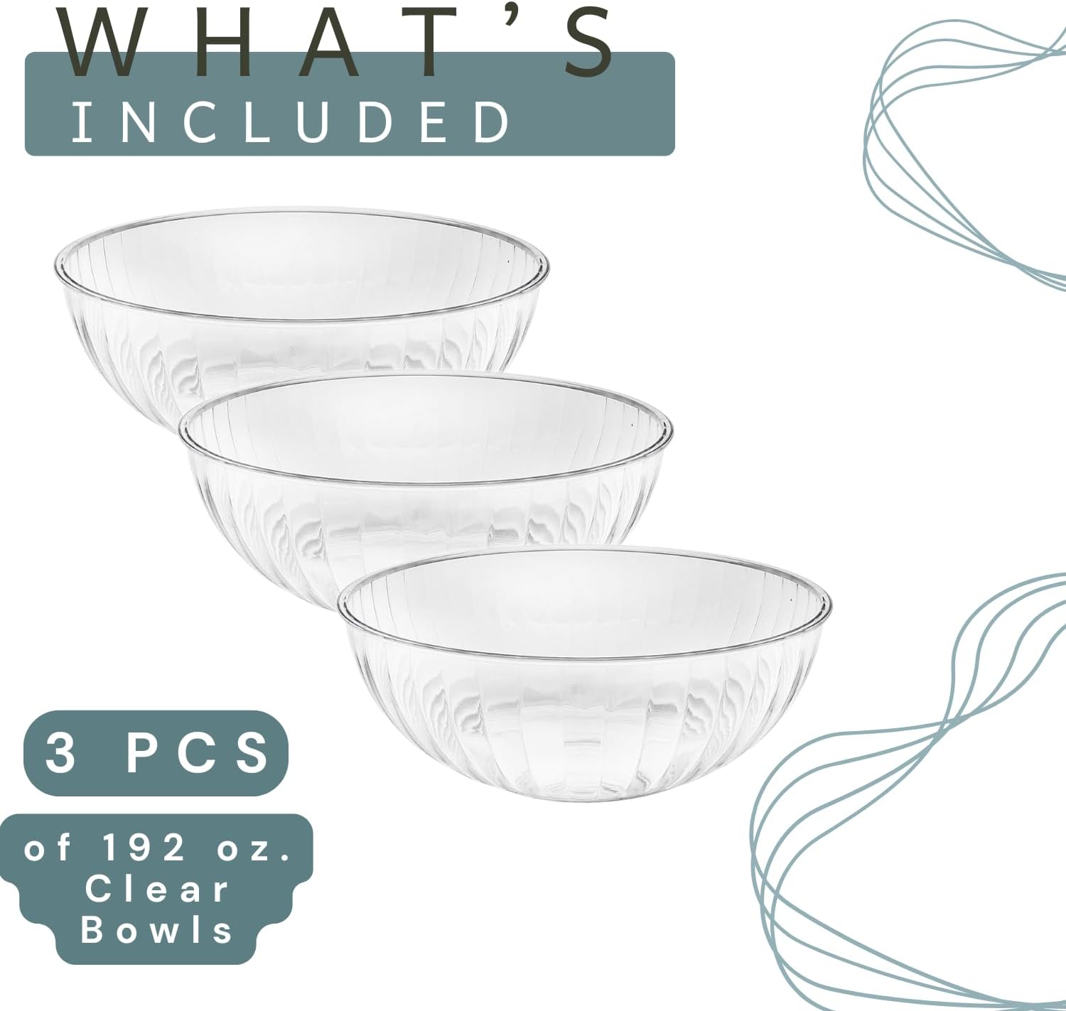 3 Large Plastic Serving Bowls 1.5 Gallon (192 oz), Big Clear Salad Bowl, Decorative Catering Centerpiece for Parties, Holidays, Punch, Fruit, Chips, Snacks, Candy