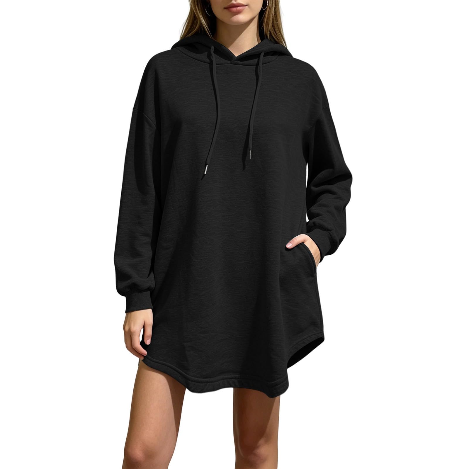 Générique Sweat Oversize Femme Grande Taille Robe Sweats Longue Décontracté Sweatshirt avec Capuche Chic Hoodie Automne Sport Couleur Unie Hoody Hiver avec Poches Leger Vêtements