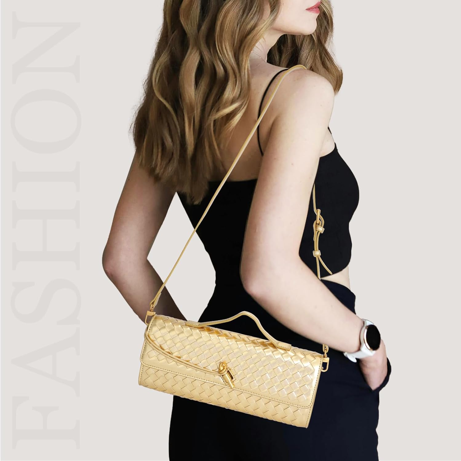 Pu Leather Woven Bag Purse,Black Clutch, Woven Evening Bag For Women 11.8" x 1.7" x 4.9" - Image 2