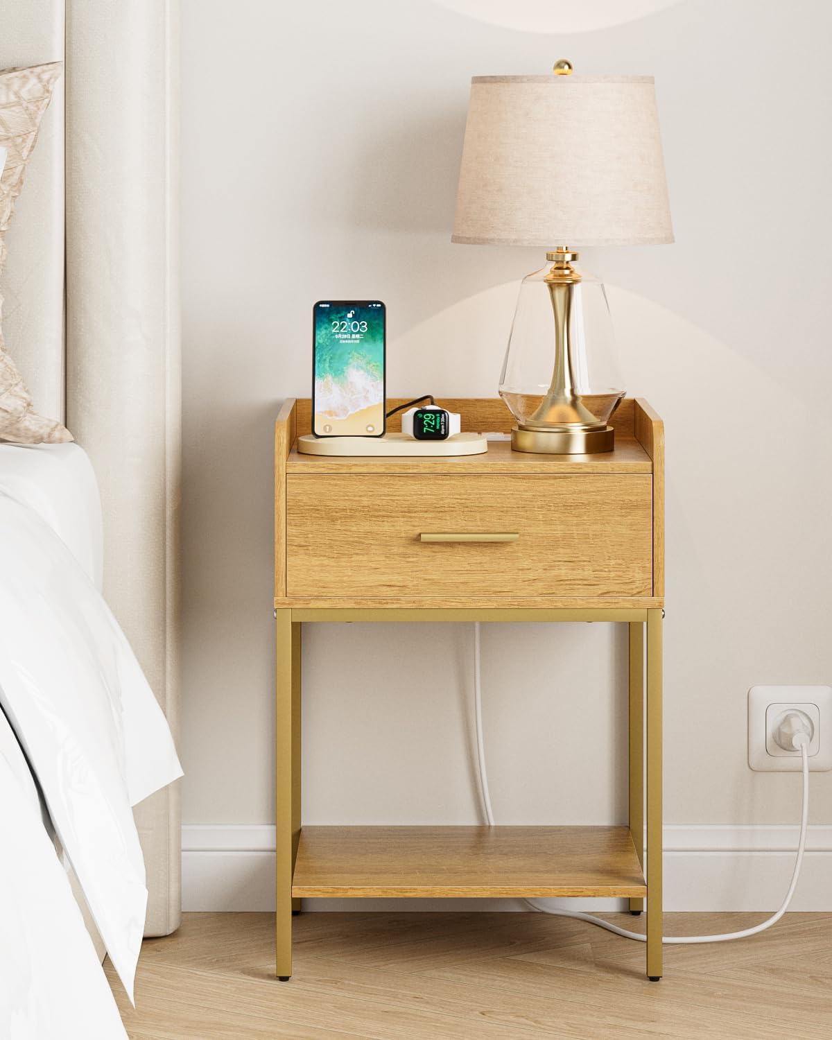 Nightstand with Charging Stat, Modern Bedside Table with Der and