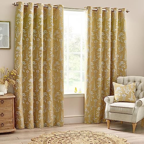 furn. Wylder Sophia Eyelet Curtain Pair – Room Darkening Jacquard Botanical Embroidered Lined Luxury Curtains (Gold – Width 229 x Drop 183cm)