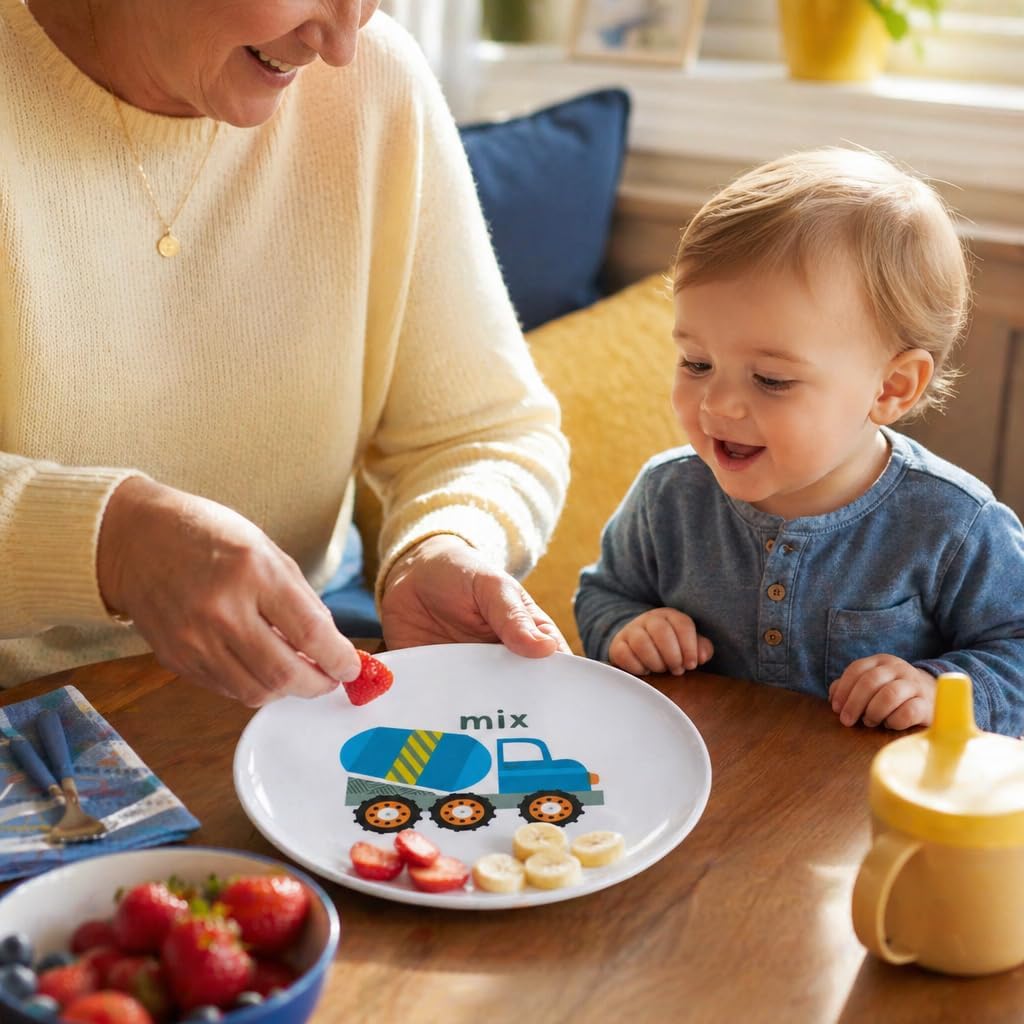 Tiny Expressions - Construction Plates for Toddlers - Set of 4 Melamine Plates for Kids - Excavator, Cement Mixer, Bulldozer, and Dump Truck - Fun Plastic Dinnerware for Kids