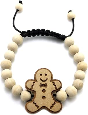 Gingerbread Cookie Man Wood Pendant Wooden Bead Chain Bracelet