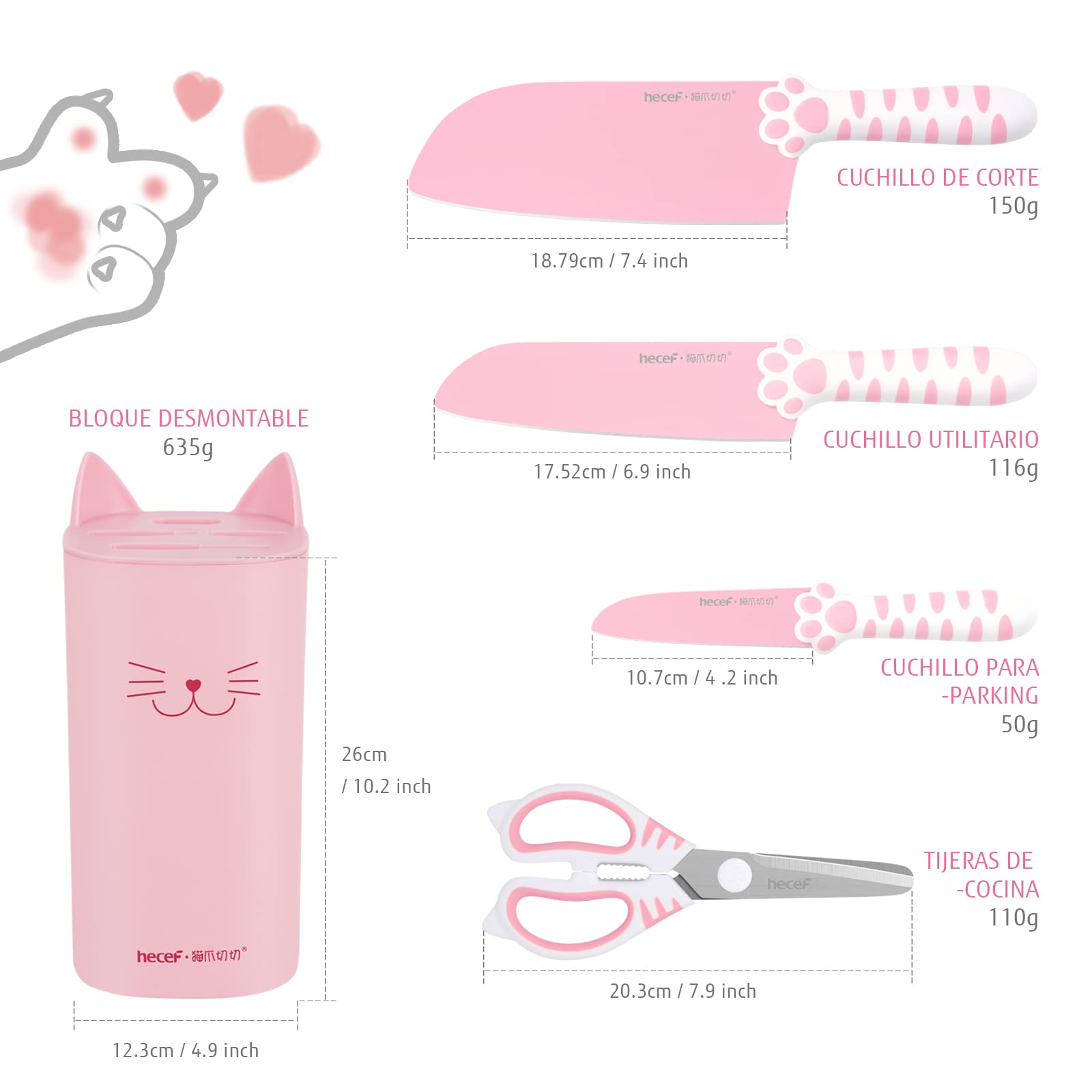 hecef Set de Cuchillos 5 Piezas Rosa – Diseño Patentado de Garra de Gato, Hojas de Acero Inoxidable Antiadherente, Mango Ergonómico Bicolor PP+TPR, Bloque Desmontable de Gato, Regalo Original