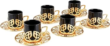 Black Leaf Designed Espresso Coffee Cups with Saucers Set of 6, Porcelain Turkish Arabic Greek Coffee Cup and Saucer, Coffee Cup for Women, Men, Adults, Guests, New Home Wedding Gifts Gold