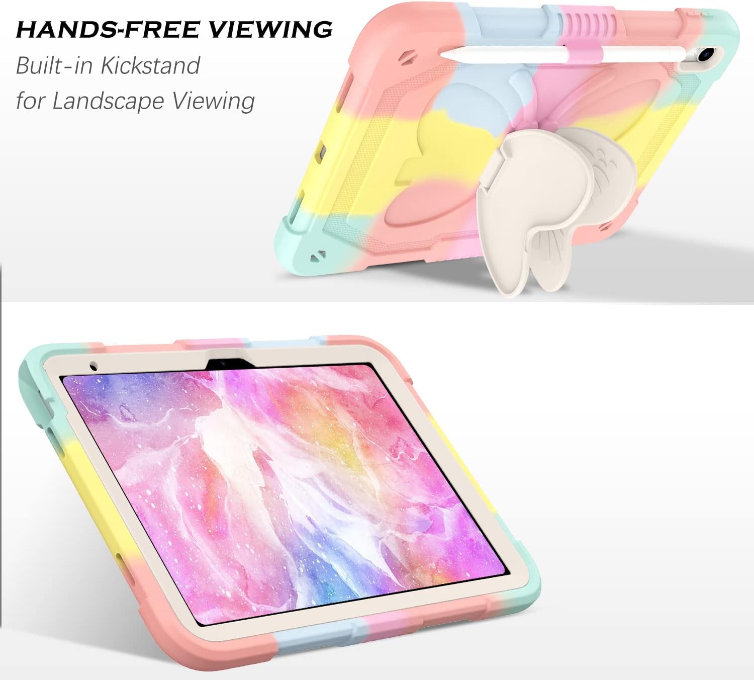 YINLAI Case for iPad (A16) 11th Generation 11 Inch 2025, iPad 10th Generation 10.9 Inch 2022 with Pencil Holder Butterfly Kickstand Silicone + Hard PC Kids Shockproof Protective Cover, Colorful Pink