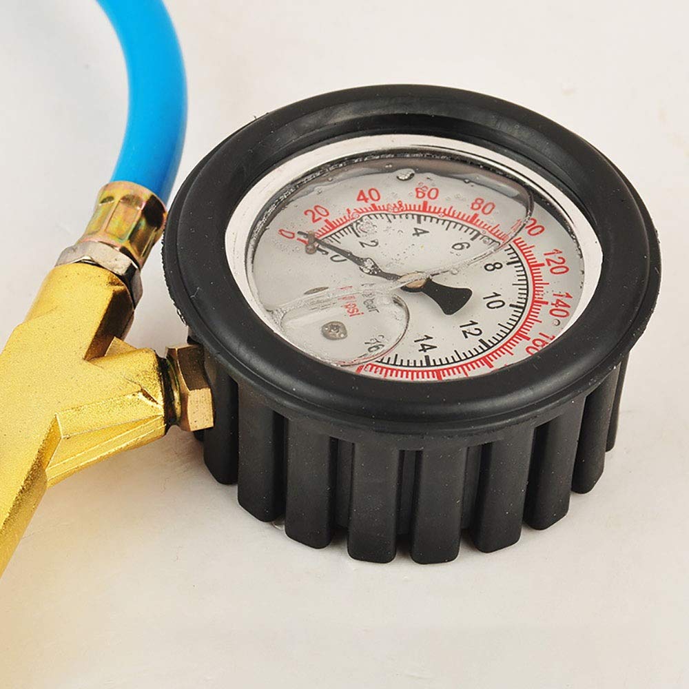 Manometro per pneumatici Indicatore del livello dell'olio d'urto Pistola a tubo a prova di pressione dei pneumatici Manico in oro Testina in rame blu Manometro per pneumatici Manometro per la manutenz