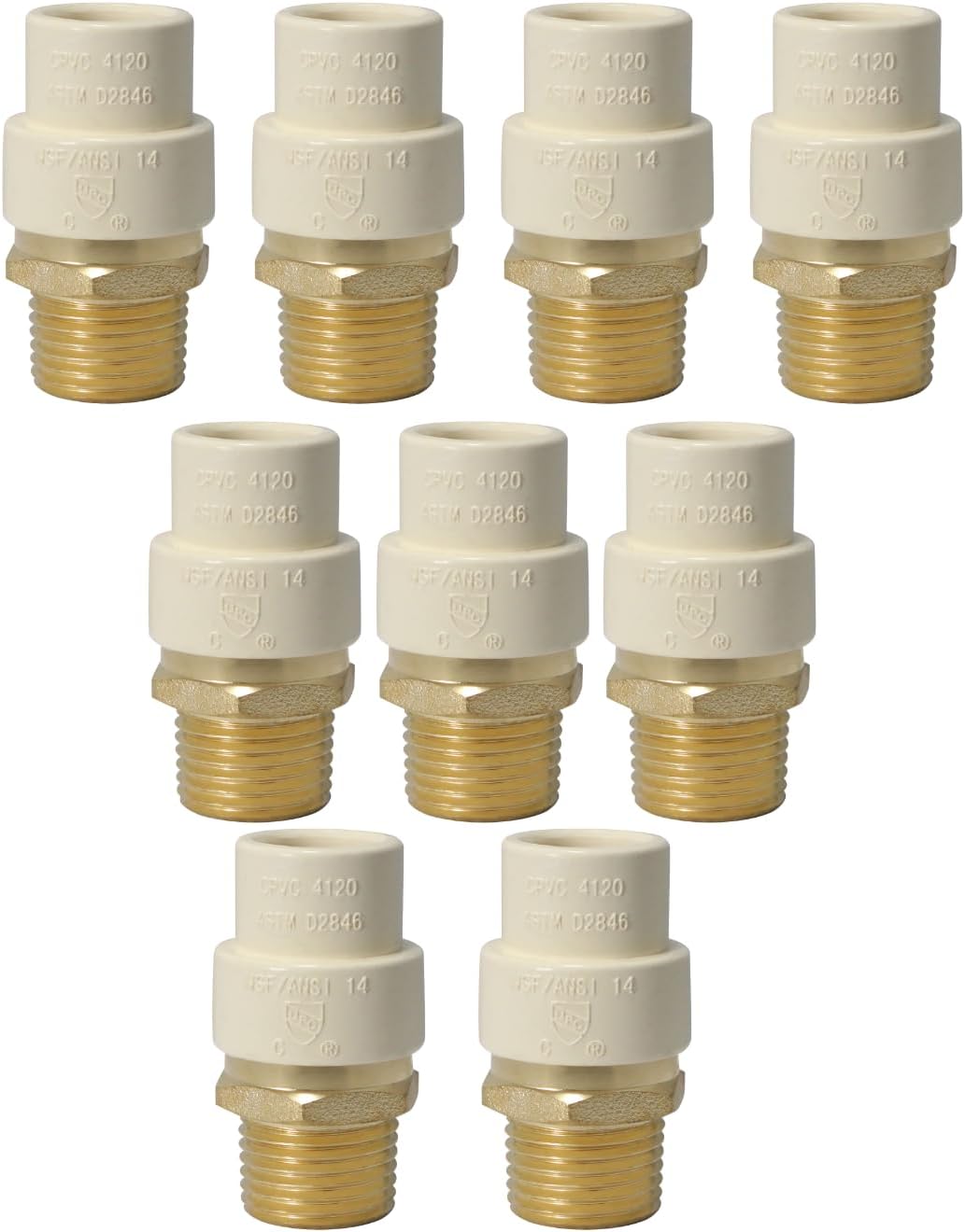 XFITTING 1/2 inch Male NPT x 1/2 inch CPVC Adapter, 1/2 inch CPVC Male Adapter, Brass, 10 Pieces