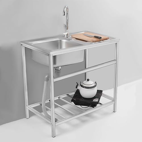 Single Bowl Utility Sink,Stainless Steel Commercial Restaurant Kitchen Sink W/Faucet & Drain, for Laundry Backyard Garage Camping Portable Handwashing Station Portable Vanity Sink (Color : (Hot a