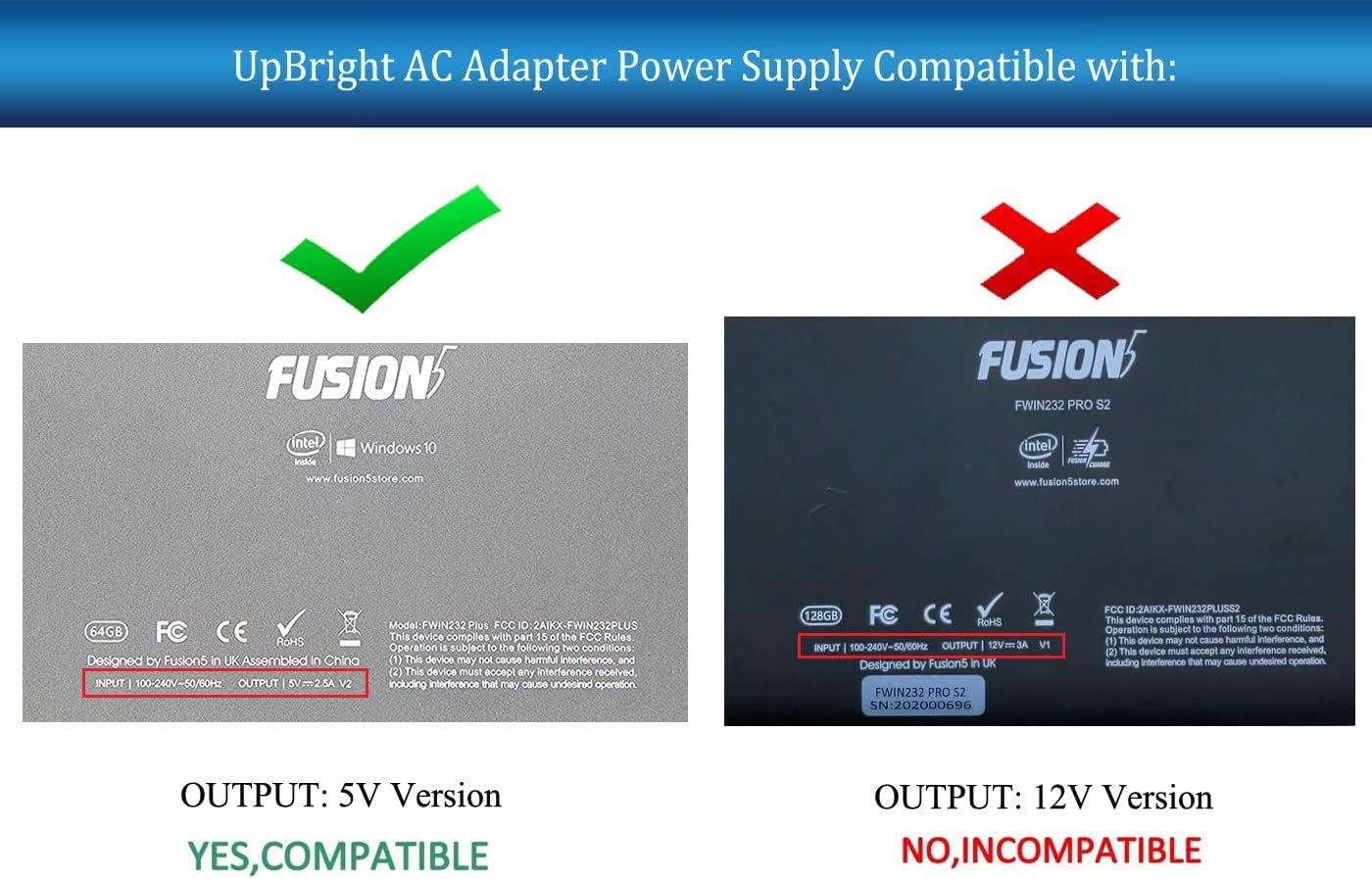 UpBright 5V 2.5A V2 AC/DC Adapter Compatible with Fusion5 FWIN232 Plus S1 FWIN 232 Pro Ultra Slim Tablet Fusion 5 Chongqing Qiaoheng QH-052500BSA Power Supply Battery Charger (Not for FWIN232 Pro S2) : Electronics