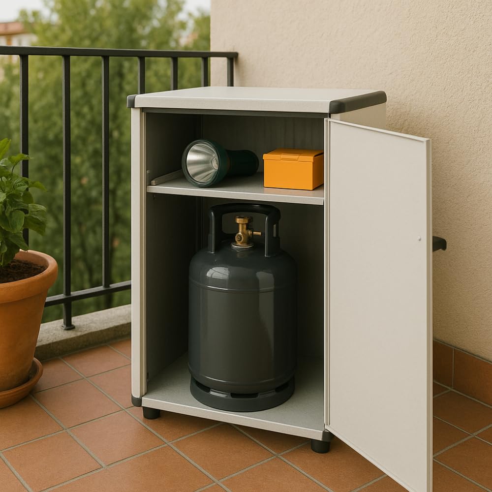 PALUPLUS Porta Bombole Gas a 1 Anta in PVC di Colore Grigio, Misura 59x39x92 cm, Maniglia e Piedi Antiscivolo, Mobile da Esterno, Made in Italy -176C