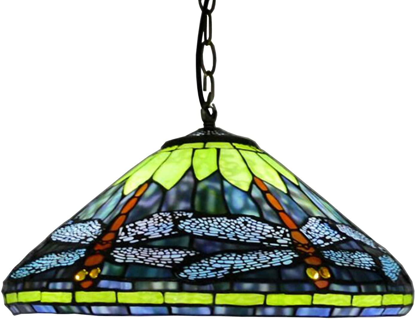 METTEOR 16" Disc Dragonfly Tiffany Style Pendant Lighting, Antique Stained Glass Ink Color Orange Lampshade Chandelier,Vintage Ceiling Light For Res