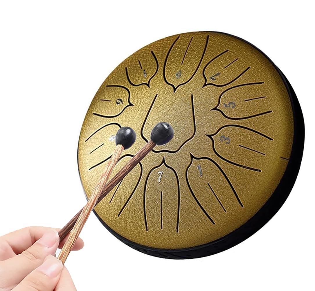 Zungentrommel, 6 Zoll 11 Noten D-Dur Steel Tongue Drum mit Musikbuch, Trommelschlägeln, Steel Pan Töne Schlaginstrument Schlagzeug Anfänger für Meditation Yoga (Golden, 6 Zoll, 11 Töne)