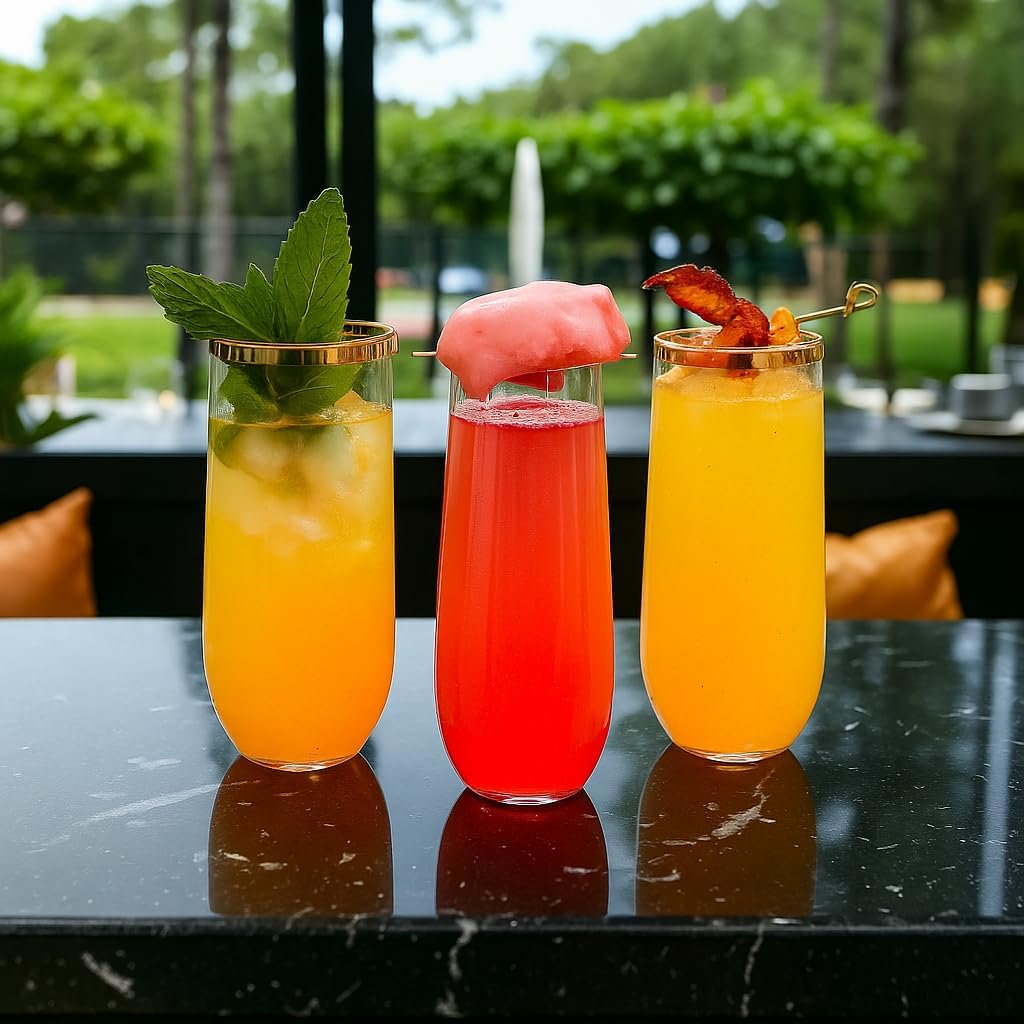 Oojami 24 piece pack 9 oz Champagne Flutes Stemless Disposable cups Unbreakable Crystal Clear Plastic Mimosa Glasses Set of 24 ideal for Wedding Birthday (9 Ounce - Gold Rim) - Image 7