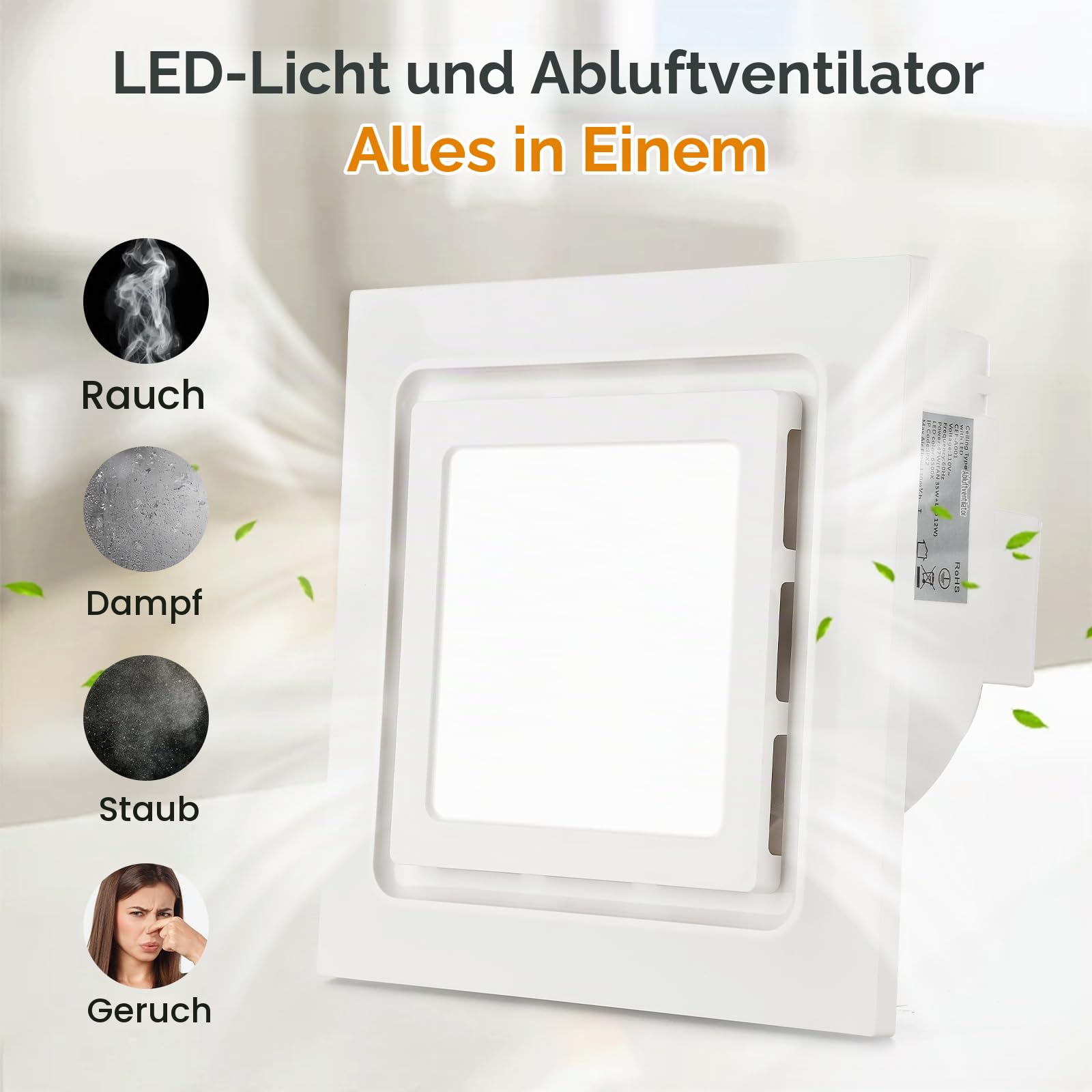 Abluftventilator für Badezimmer 210mm Badlüfter mit LED Licht 8.3IN, 130 CFM, ultra-leiser 1,0-Sone-Abluftventilator mit 1500 lm, 6000 K Licht