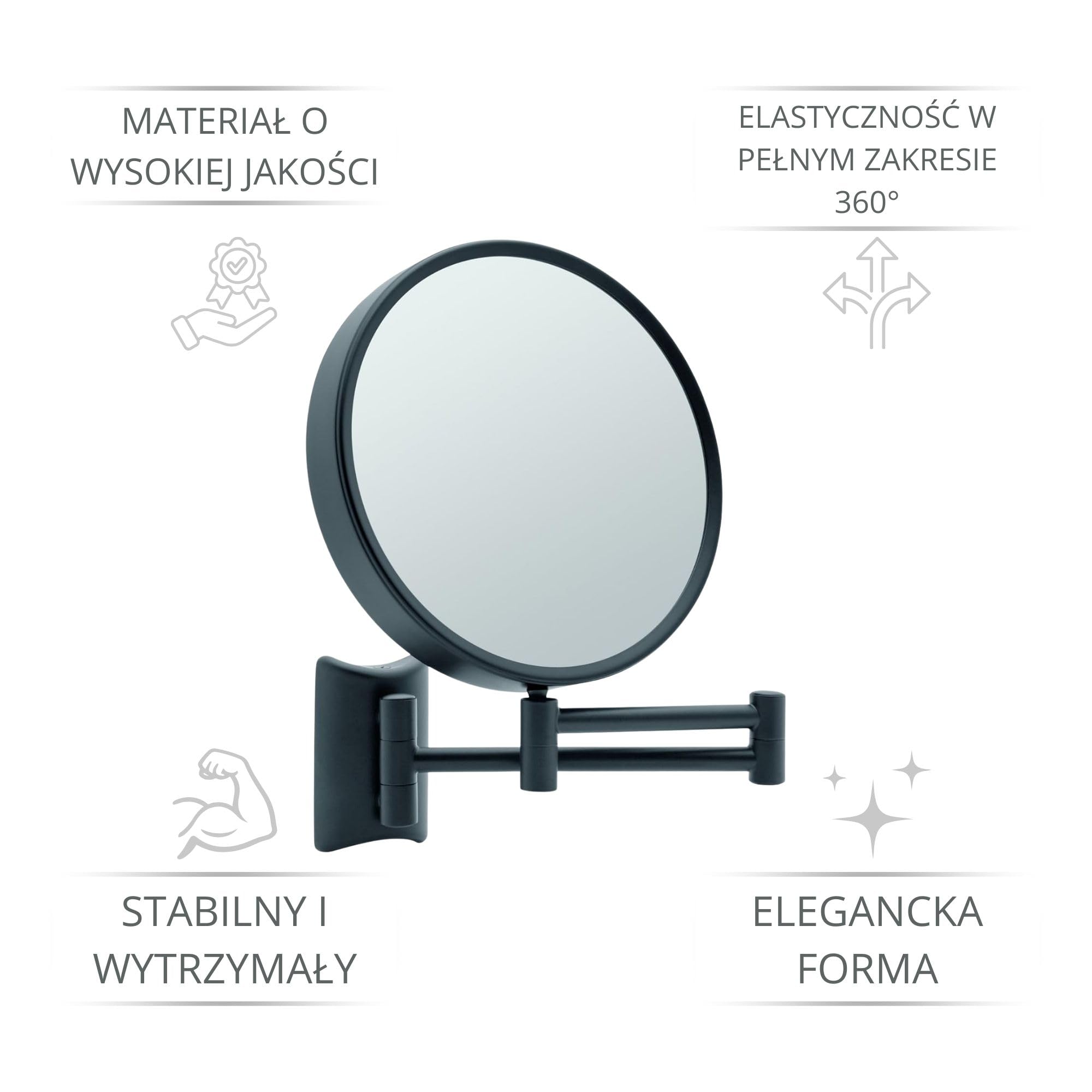 Imola Lusterko Kosmetyczne Ścienne – Obrotowe 360° – Dwustronne Lusterko do Golenia z Powiększeniem 3x i 7x – Wysuwane Ramię, Czarny Metal, Ø 19 cm