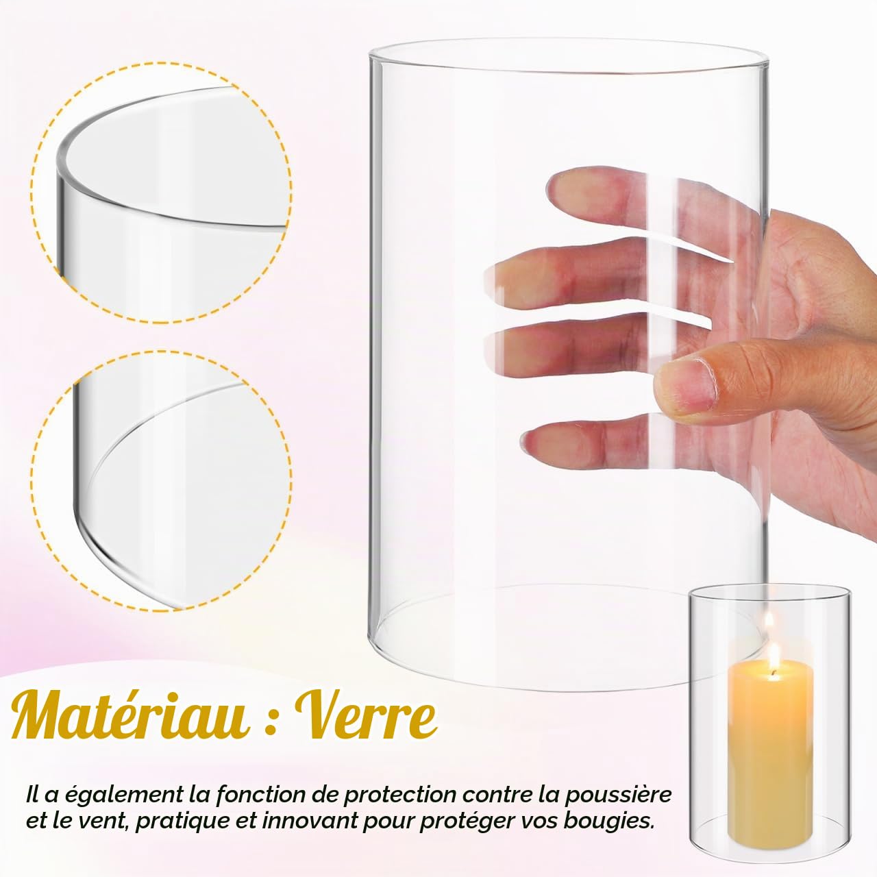 Lot de 2 cylindres en verre sans fond - 10 x 15 cm de diamètre - Photophore en verre transparent - Pour bougies chauffe-plat