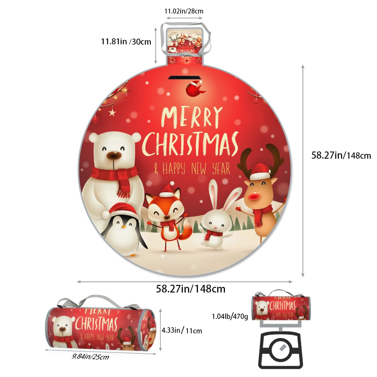 Shimoshe Christmas New Year Cute Animals Picnic Outdoor Blanket Foldable Waterproof Sandproof Beach Blanket Portable Water-Resistant Round Picnic Mat for Travel Camping Park Lawn