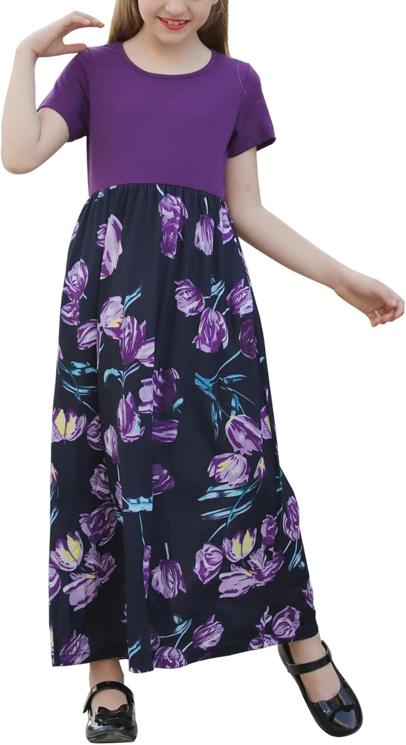 GORLYA Girl's Short Sleeve Patchwork Floral Print Loose Casual Long Maxi Dress with Pockets for 4-12 Years Kids