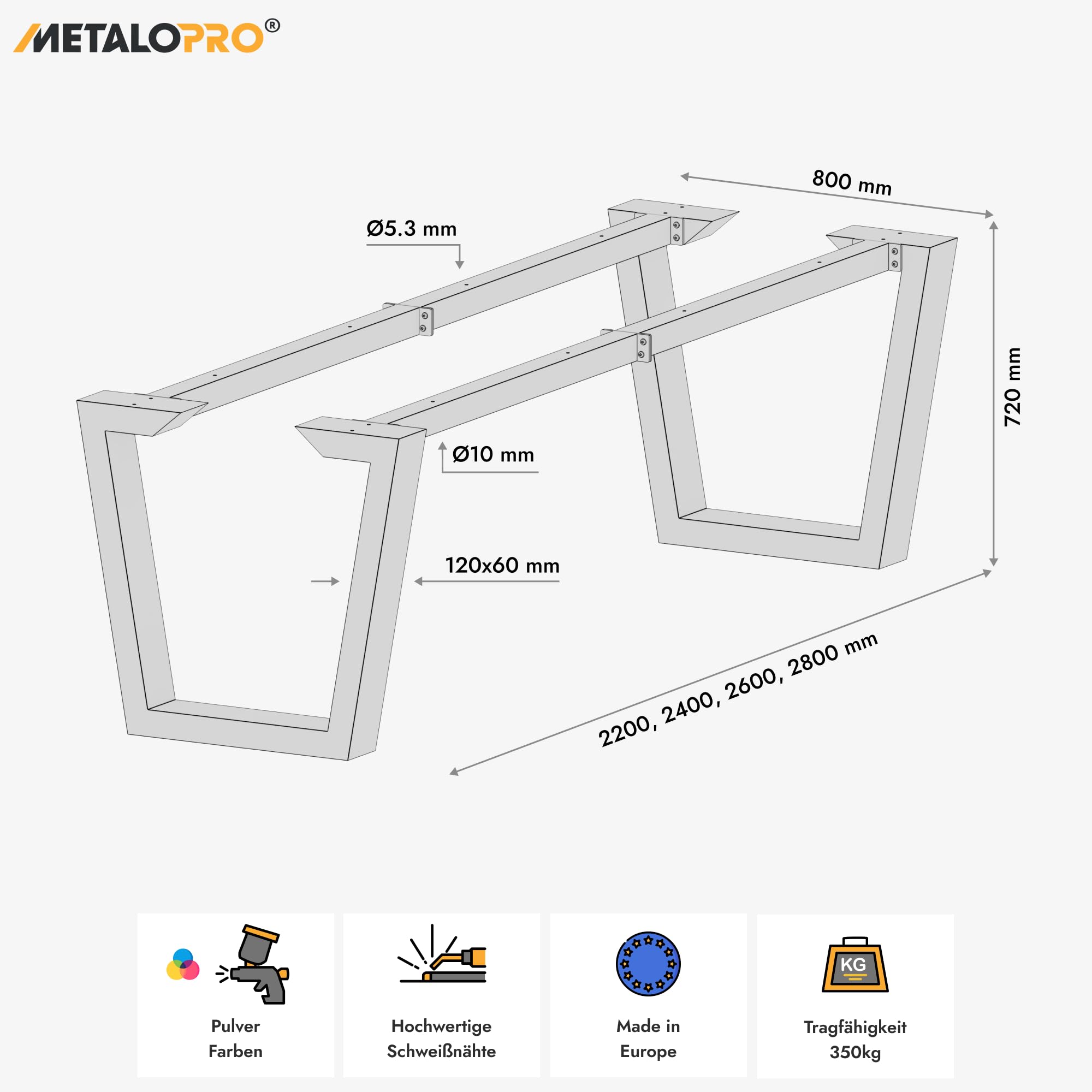 Atria Epox Extreme Tischgestell – V-förmige Stahlbeine, Pulverbeschichtet, Modernes Industrielles Design – 280x80x72 cm