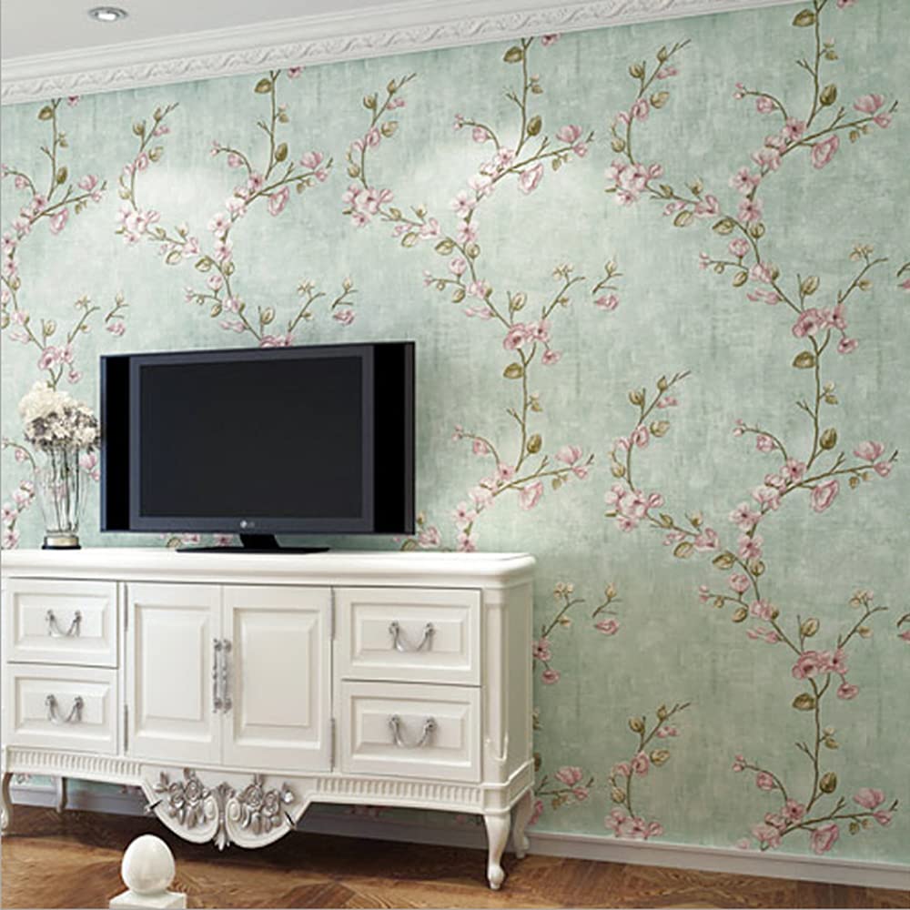 通用 Small Floral Retro Nostalgic Rural Style Wall Paper Clothing Store Cafe Restaurant Bedroom Living Room TV Background Wall Non-Woven Wallpaper 20.87″Wx393.7″L Non-Pasted (Light Green)