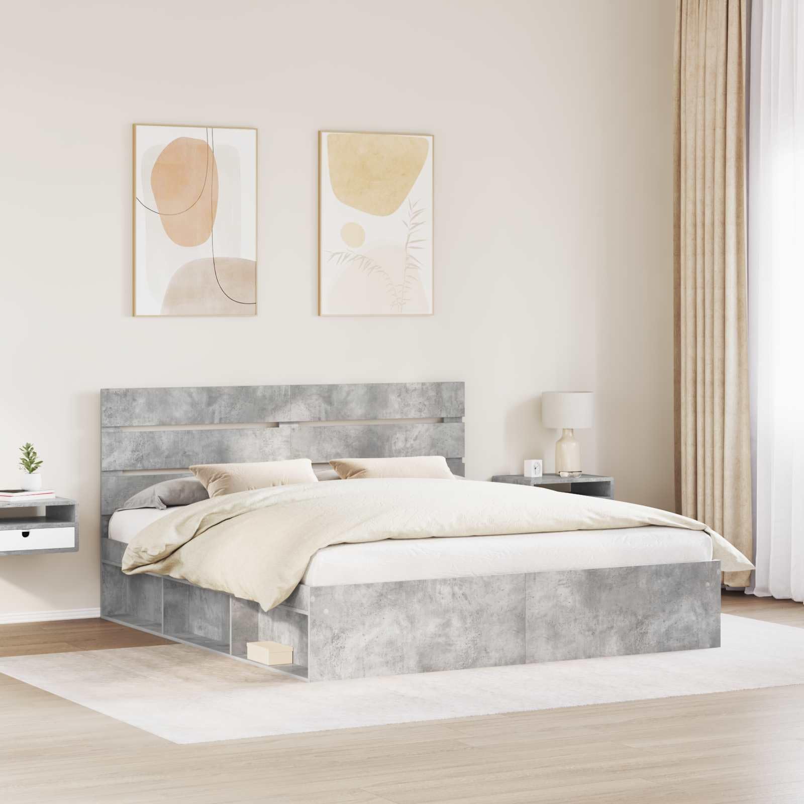 Bettrahmen mit Kopfteil Beton Optik 180x200 cm Holzwerkstoff, Bettgestell 180x200 mit massiver Kiefernholz-Kopfstütze, Stabiler Lattenrost für Moderne Schlafzimmer