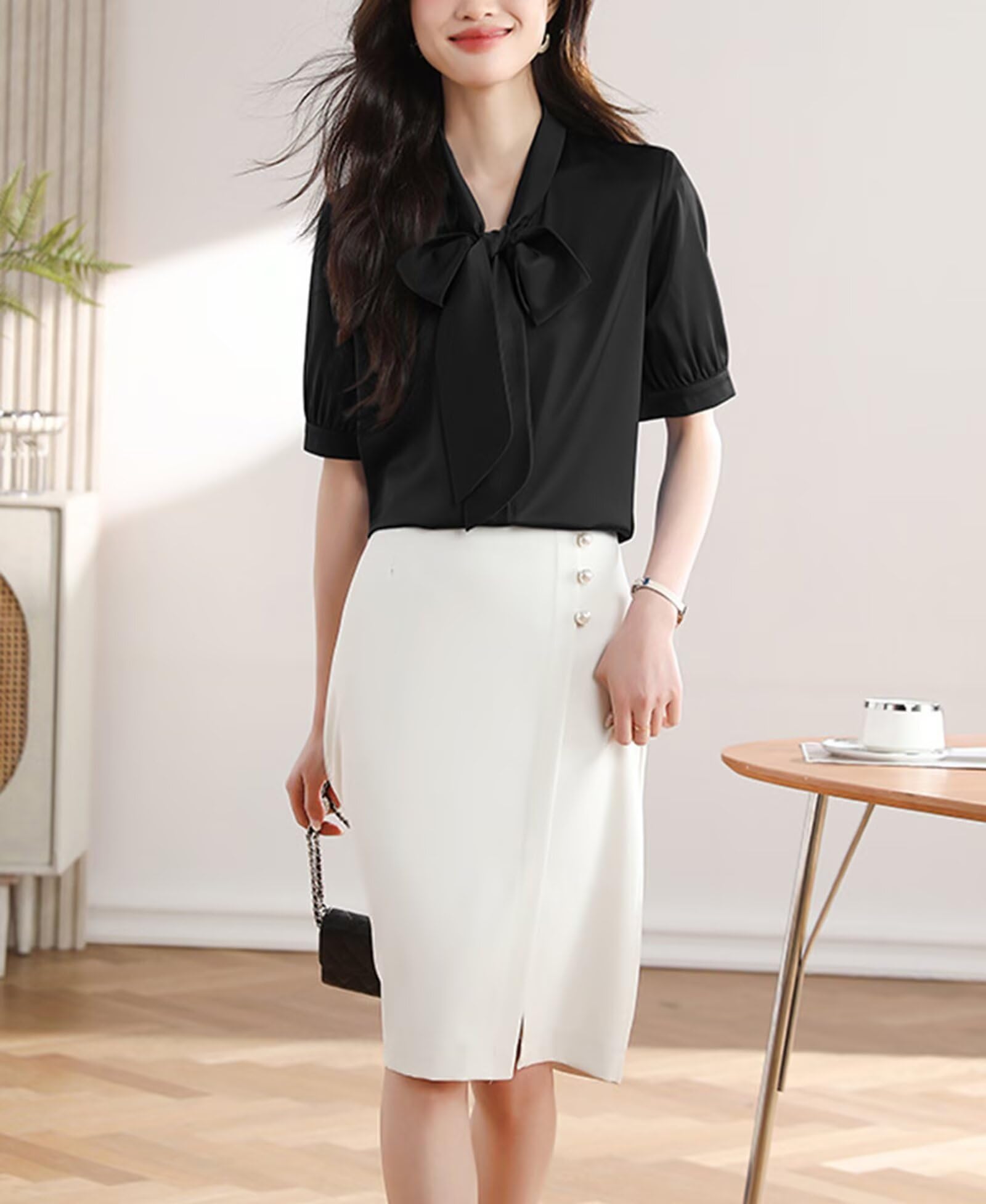 HNVAVQ Camicia Seta Donna con Fiocco Blusa Elegante Maniche Corte per Ufficio Lavoro