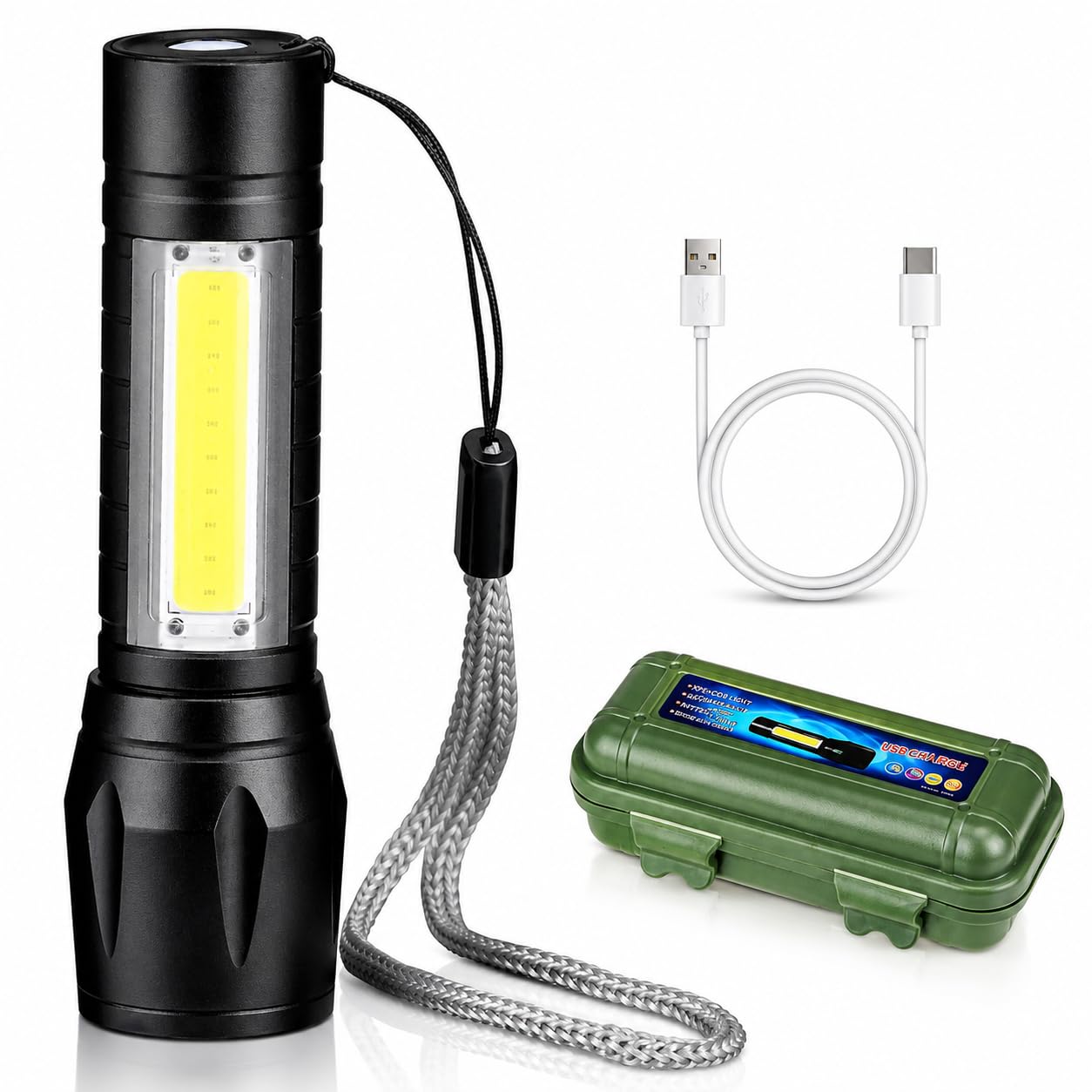Rechargeable LED Torch with COB Side Light, 18650 Battery | 3 Light Modes, Zoomable Focus, USB-C Fast Charging, Water Resistant, Includes Storage Box-picture-25