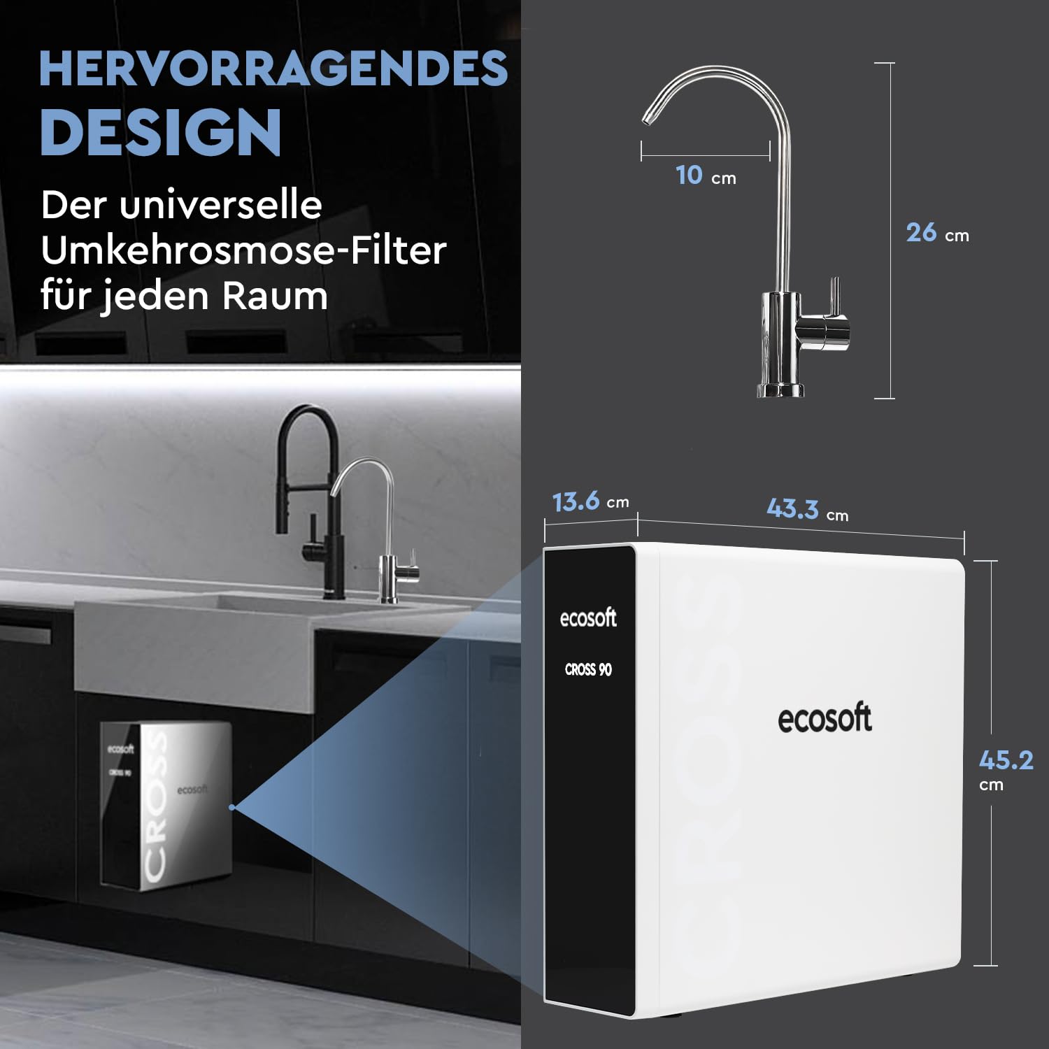 Ecosoft CROSS90 Osmoseanlage Direct Flow Wasser Filter System | Entfernt 99 % PFAS, Mikroplastik & Schwermetalle, Automatische Spülung