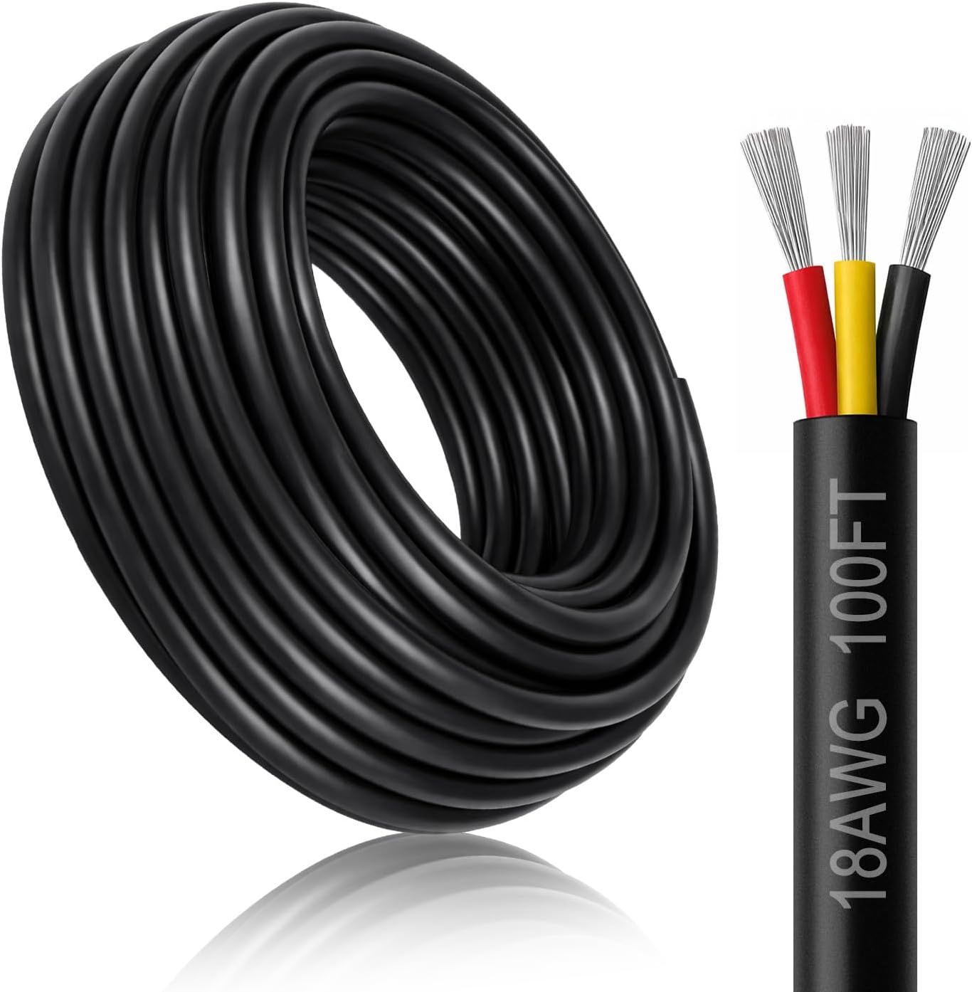 18 Gauge Electrical Wire 3 Conductor, 100FT Black PVC Case Stranded Low Voltage LED Cable, 18 AWG 3pin Tinned Copper Hookup Wire, Flexible Extension Power Cord for LED Lamp Lighting Strips Automotive