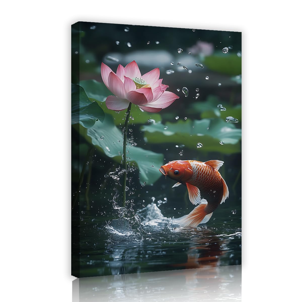 Via Vela Realistic Koi Fish Canvas Wall Art Jumping Carp Photography Print Oriental Zen Nature Artwork for Bedroom Living Room Meditation Office 70x105cm