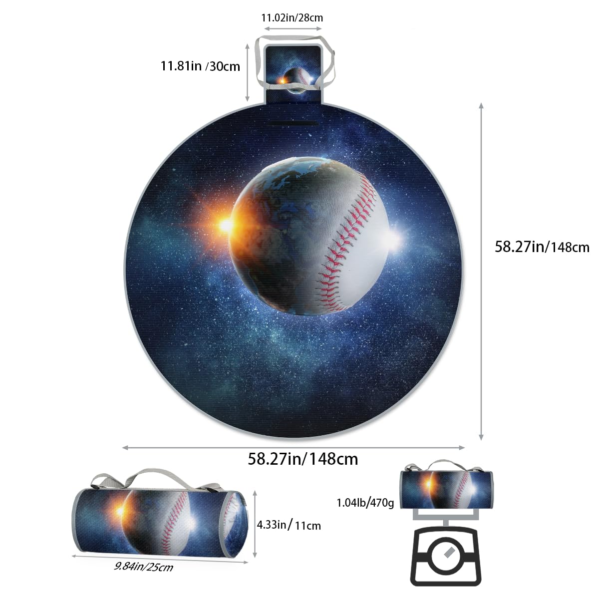 Shimoshe Galactic Baseball Picnic Outdoor Blanket Foldable Waterproof Sandproof Beach Blanket Portable Water-Resistant Round Picnic Mat for Travel Camping Park Lawn