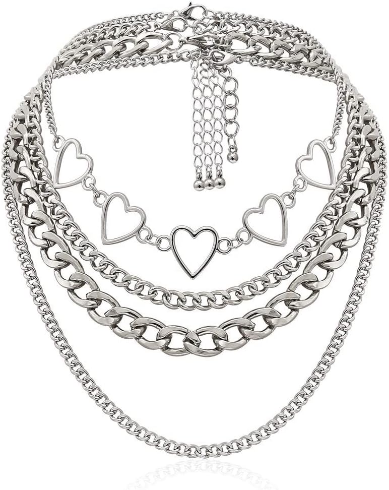 Salircon Layered Silver Heart Choker Necklace Set - Adjustable Cuban Chunky Chain Y2K Jewelry for Women & Men