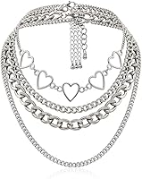 Salircon Layered Silver Heart Choker Necklace Set - Adjustable Cuban Chunky Chain Y2K Jewelry for Women & Men