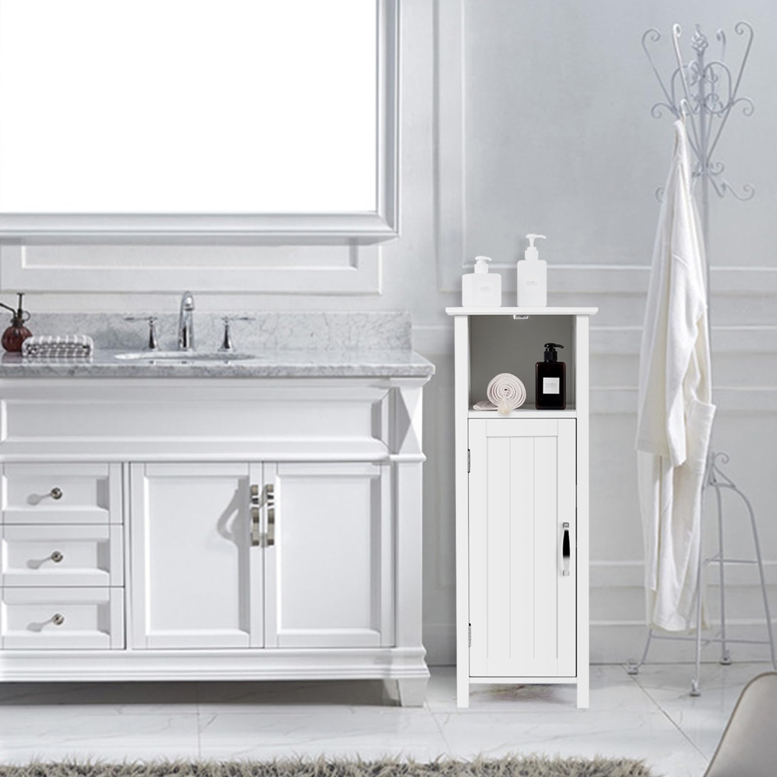 COSTWAY Mobile Bagno 30 x 30 x 80cm, Armadietto Salvaspazio in Legno con Ante e Ripiani Regolabili per Cucina, Soggiorno e Corridoio, Mobiletto Spazioso (Bianco)