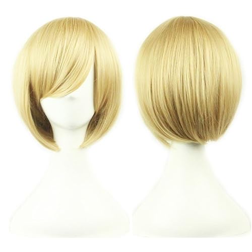 Miniatura 3 de AneShe Peluca de pelo corto y lacio de 12 pulgadas, pelucas de fiesta de disfraces de anime (rubio)