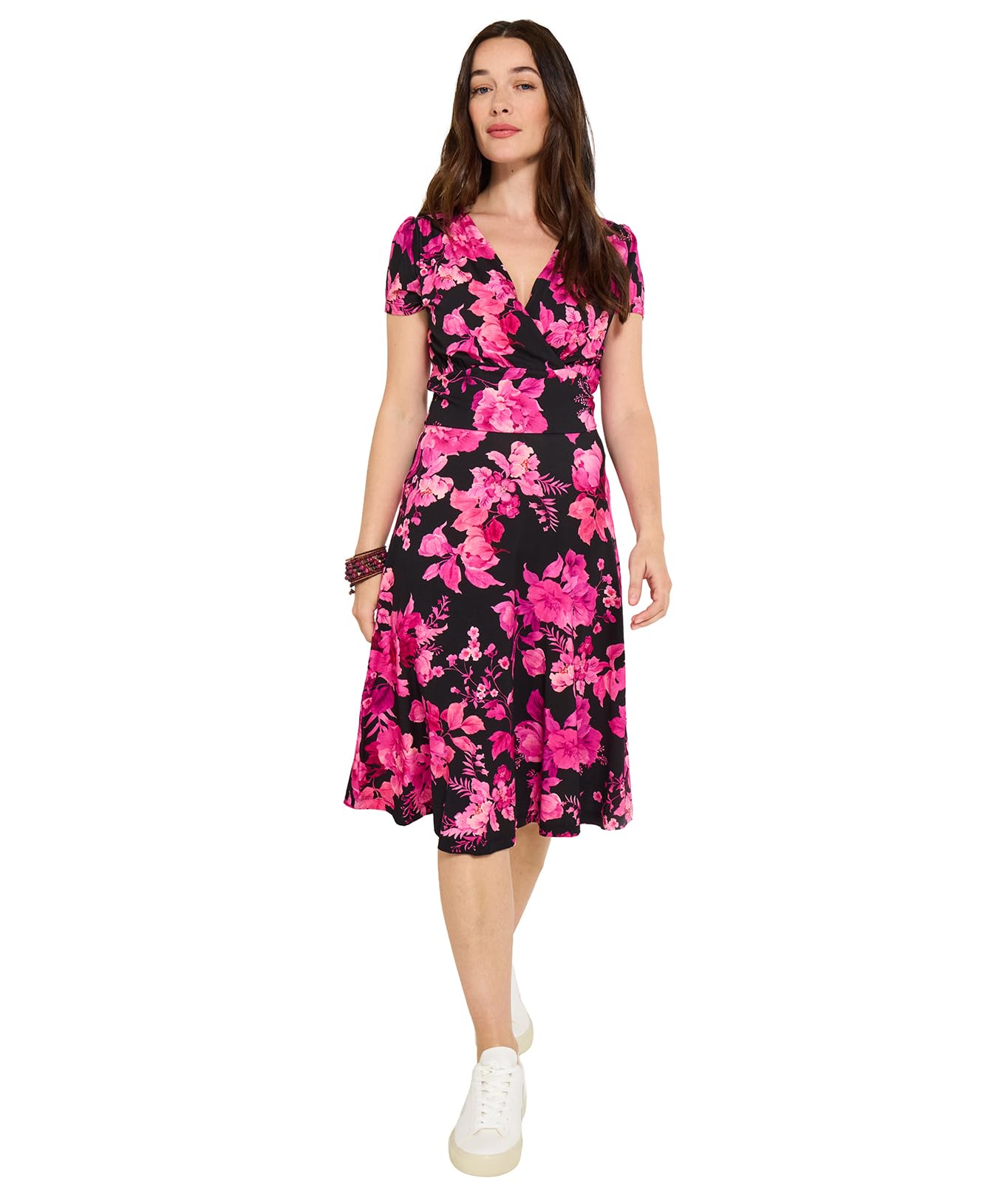 Joe Browns Women's Winter Floral Wrap Front Knee-Length Jersey Dress, Regular, Pink, UK 10