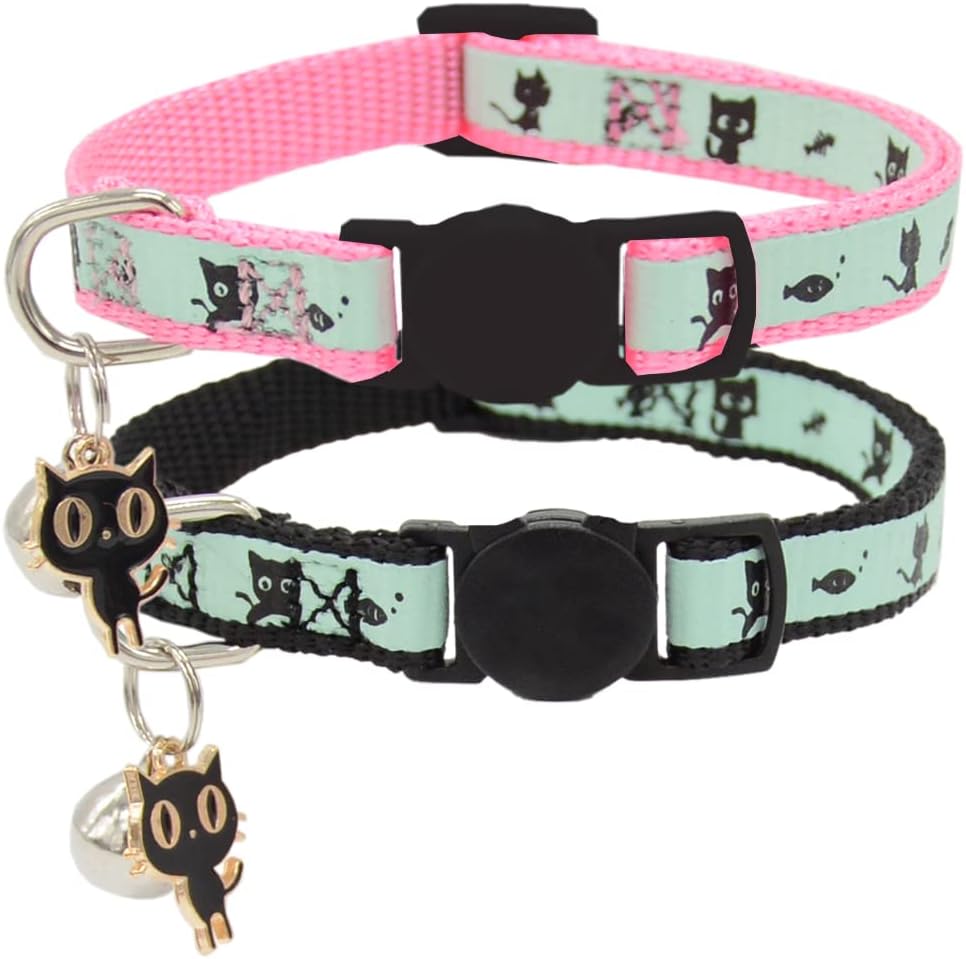 2 Pack Glow in The Dark Cat Collar with Bell Breakaway Safety Cat Puppy Collars with Pendant Black and Pink