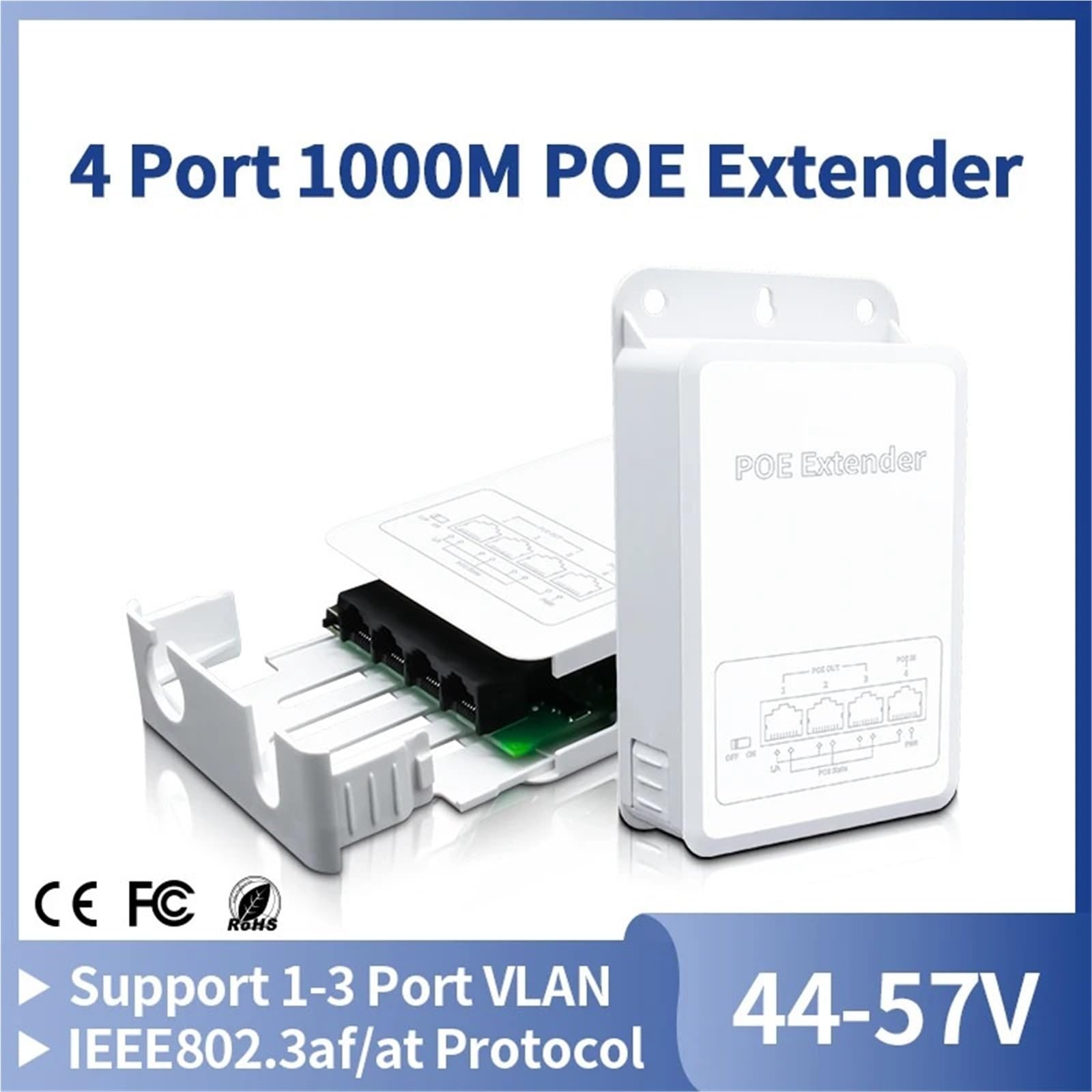 Prolongateur POE Répéteur POE Gigabit 4 Ports, 1000M, réseau extérieur étanche à la Pluie, Extension POE VLAN 44-57V 30W