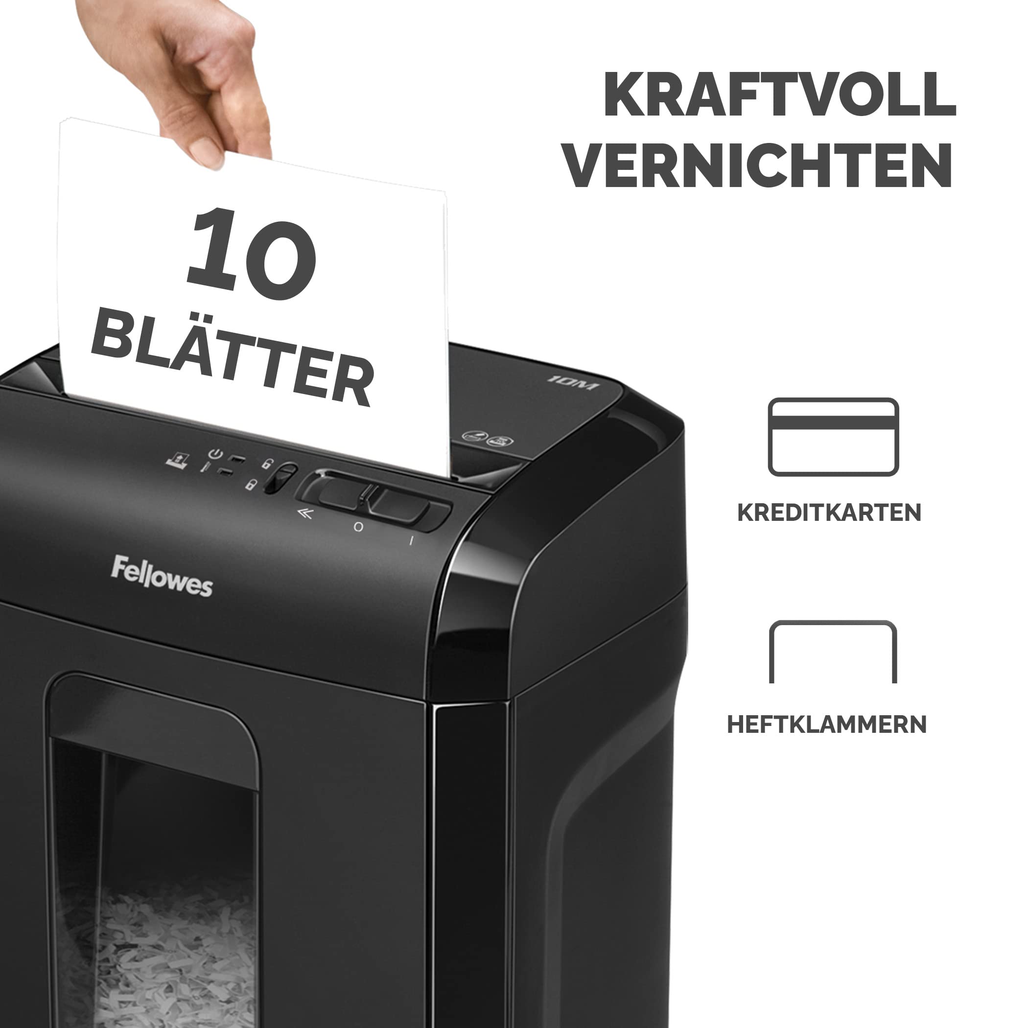 Sicherheitsstufe P5 Aktenvernichter: Fellowes Microcut (2000+ Partikel/A4), 10 Blatt, Powershred 10M, Büro/Homeoffice, 19L Papierkorb, Sicherheitssperre, schwarz