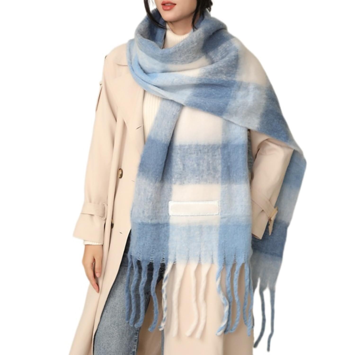 Barley Direct Women's Sky Chunky Winter Scarfs For Cold Weather Warm Knit Thick Plaid Scarf Long Large Oversized Checked Scarves(Sky)