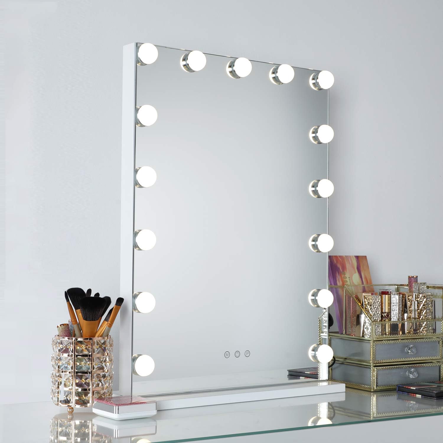 WAYKING Makeup Mirror with Lights, Hollywood Vanity Mirror with Touch Screen Dimmer, USB Charging Port, 3 Color Lighting Modes, White (L18.9 X H22.8 inch)