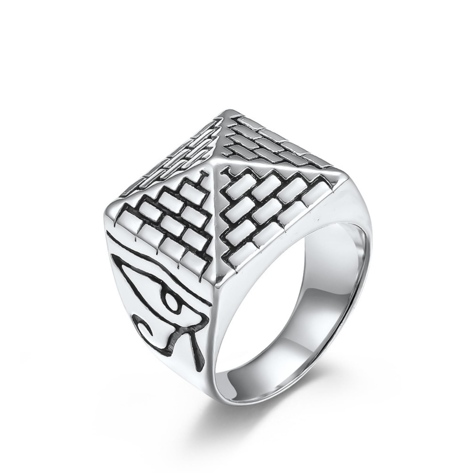 Mens Stainless Steel Eye of Horus Egyptian Pyramids Rings For Men Women,Silver Egyptian Pharaoh Signet Carved Biker Band Ring Jewelry For Men,Man Punk Motorcycle Ring