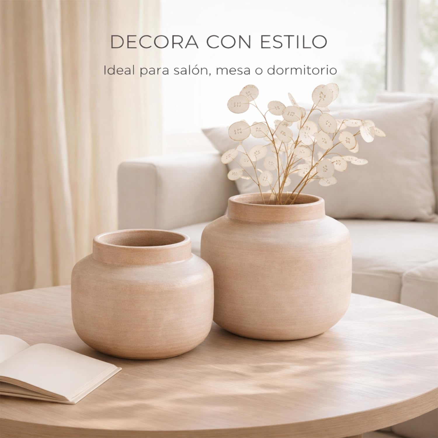 Jarrones Decorativos Modernos Cerámica Set 2 Piezas Beige 27x19 y 20x14 cm, diseño Artesanal Redondeado, Elegante Centro de Mesa Decorativo Salon y florero Funcional para hogar