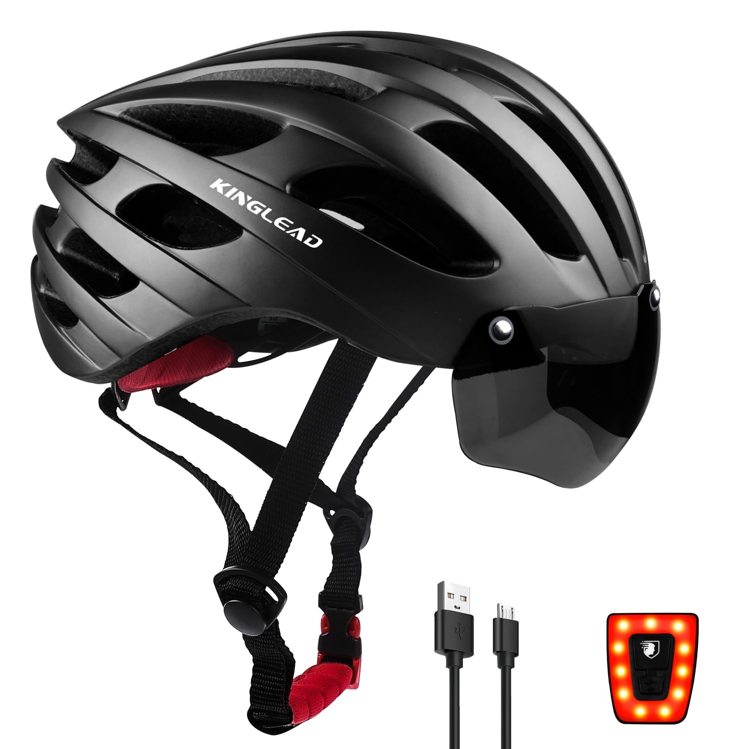 KINGLEAD Casque de Vélo MTB avec Lunettes Magnétiques et Lumière Rechargeable USB, Casque de Course Ajustable avec Bandes Réfléchissantes